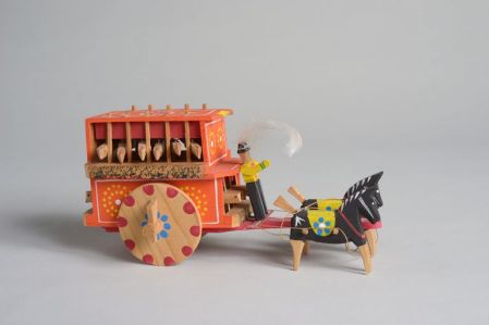 Attelage ; deux chevaux ; conducteur; cage à poules (miniature)