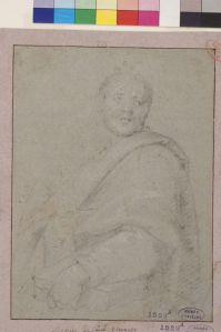 Portrait d'homme vu à mi-corps, la tête presque de face, les yeux tournés vers la droite, tenant un livre (?) de la main gauche (1529.A)