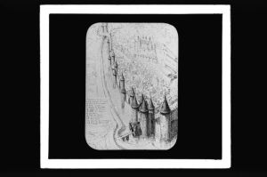 diapositive sur verre ; Bordeaux - 2ème enceinte XIIIème siècle de la porte Rousselle à la porte Bouqueyre - Dessin de Léo Lrouyn ; Bordeaux Fossés des Salinières (titre de l'œuvre reproduite)