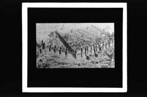 diapositive sur verre ; Bordeaux XIVème - Vue "prise" du chemin du Palais Gallien ; Bordeaux au XIVème siècle vue prise de l'extrémité méridionale du Chemin du Palais Gallien (titre de l'œuvre reproduite)