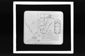 diapositive sur verre ; Voies de La Bastide en 1828 ; Lotissement des terrains Gruer de Montau - Voies deLa Bastide et Lavoir en 1828
 (titre de l'œuvre reproduite)