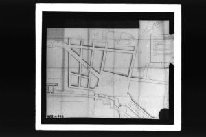 diapositive sur verre ; Projet de Place Dauphine et du quartier voisin par Portier (l745) ; Plan d'une partie du fauxbourg St Seurin (titre de l'œuvre reproduite)