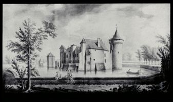 plaque de verre photographique ; château La Brède en 1780 par Gonzales