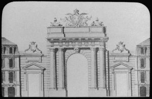 diapositive sur verre ; Porte de Bourgogne (d'après le plan de Lattré 1760) ; Porte de Bourgogne - Commencée en 1751, achevée en 1755, du dessein de M.Ange Jacques Gabriel."  (titre de l'œuvre reproduite)