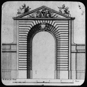 diapositive sur verre ; Porte Dijeaux (plan de Lattré) ; Porte Dijeaux bâtie en 1748 (titre de l'œuvre reproduite)