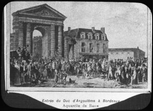 diapositive sur verre ; Entrée du Duc d'Angoulème à Bordeaux ( 12 mars 1814) - Aquarelle de Brun ; Entrée du Duc d'Angoulème à Bordeaux. Aquarelle de Brun (titre de l'œuvre reproduite)