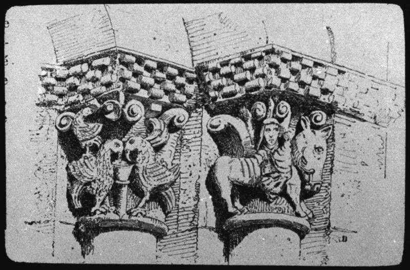 plaque de verre photographique ; chapiteaux de la porte de Martres, Drouyn Vav. gir. III, p. 151