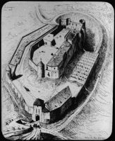 plaque de verre photographique ; château de Benauges, reconstitution cavalière, L. Drouyn  Guienne militaire, II pl 114
