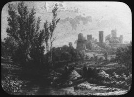 plaque de verre photographique ; Roquetaillade, Vue prise de la vallée à l’ouest, L. Drouyn. Guienne militaire
