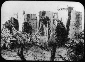 plaque de verre photographique ; Ruines du château de Belin, d’après une lithographie de 1825