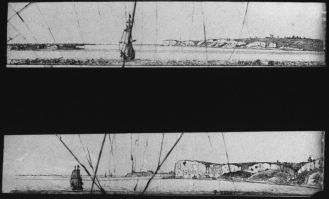 plaque de verre photographique ; Rives de la Gironde, Blaye et Roque de Thau d’après H. van der Hem, (Bx et le S.O. sous Louis XIII, pl. XXIX)