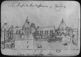 plaque de verre photographique ; Le château de Cadillac d’après H. Van des Hem (Bordeaux et le S.O. sous Louis XIII pl XVI), titre porté sur le dessin : la maison du Duc depernon à Cadillac