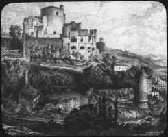 plaque de verre photographique ; château de Langoiran, Vue d’ensemble. L. Drouyn. Guienne militaire p. II, pl. 67