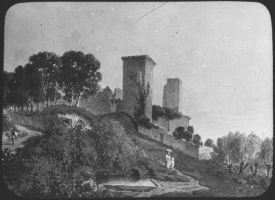 plaque de verre photographique ; Rions, La tour du château avant la démolition