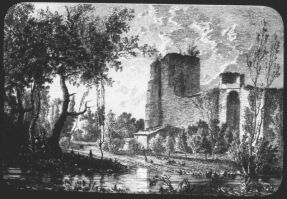 plaque de verre photographique ; château de Pommiers, L. Drouyn,  Guienne militaire, pl 20