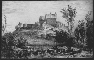 plaque de verre photographique ; château de Cazes, L. Drouyn,  Guienne militaire, I, pl 39