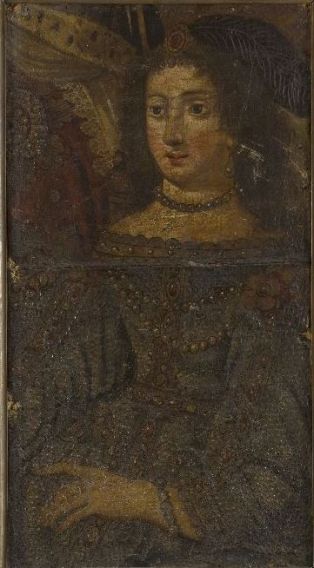Figure de femme en buste, peinte sur cuir