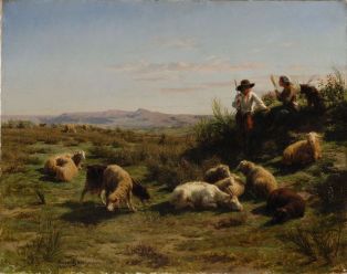 Deux enfants gardant des moutons