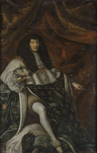 Louis XIV (1638-1715), en pied à l’âge de 25 ans environ, tenant une couronne de lauriers