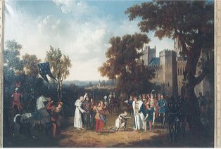 Jeanne d'Arc recevant une épée des mains de Charles VII, qui lui confie le commandement d'un corps d'armée