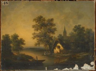 Paysage avec une chaumière au bord de l'eau et une église à l'arrière-plan, soleil couchant