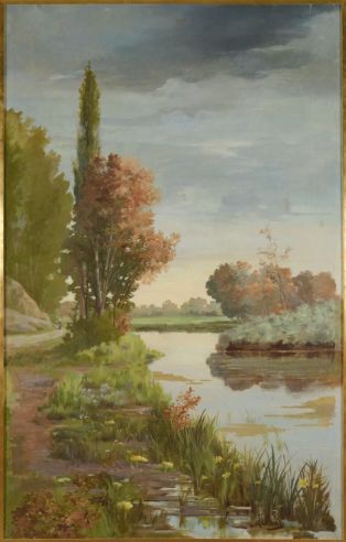 Paysage avec une rivière et un personnage au fond du chemin