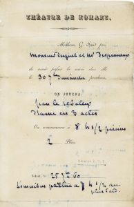 Invitation pour deux personnes envoyée à Jean-Charles DUGUET et Pierre-Amédée DESPRUNEAUX pour la représentation théâtrale de Jean le Rebâteux donnée à Nohant (Indre).
