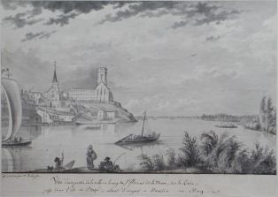 Vue d’une partie de la ville ou bourg de St florent dit le Vieux, sur la Loire, / prise dans l’isle de Buzé, allant d’angers a Nantes en 1809. (titre inscrit)