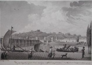 Vue prise d’une portion du pont à Tours sur le quai dit port Louis, près la Loire (l’on découvre la tranchée et ses coteaux voisins). (titre inscrit)