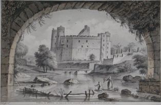 Château de Clisson vu sous une arche du pont St Antoine, tel qu’il était en 1809. (titre inscrit)