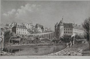 Vue pittoresque d’une partie de la petite ville de Beaupreau et du Chateau D’aubaterre dans La Vendée (titre inscrit)