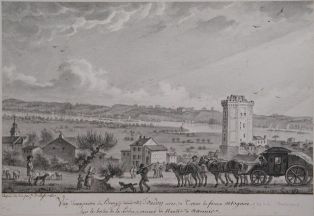 Vue d’une partie du bourg (cidevant ville) d’Oudon avec sa Tour de forme otogone, vis à vis chantoceaux, / sur les bords de la Loire, venant de Nantes à Ancenis. (titre inscrit)