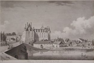 Vue du Chateau de Durtal sur la Sarthe à 7 lieues d’Angers. (titre inscrit)