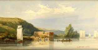 aquarelle ; Ruines du péage fortifié du Cul-du-Moulin, près de Champtoceaux (titre factice)