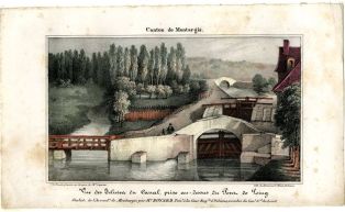 lithographie ; Vue des Ecluses du canal prise au dessus du Pont de Loing (titre inscrit)