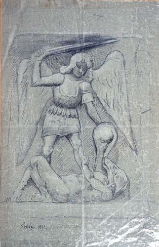 Dessin à la plume du bas relief St Michel terrassant le démon (sculpture du Carroir Doré de Romorantin) par Ovide Scribe