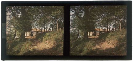 plaque de verre photographique ; Maison au bout d'un chemin