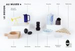 PHoto de famille des 10 objets design créés pour les 10 musées de la Conservation des musée : savon, stabile, saladier, jeu de brique-pense bête, porte savon, etc.