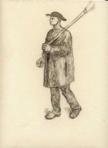 Homme debout vêtu d'une blouse, coiffé d'un chapeau rond ; Dessin (1965.26.28)
