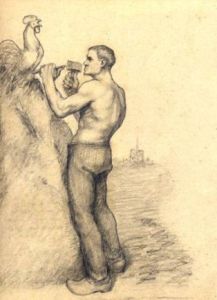 Homme à demi-nu sculptant un coq ; Dessin (1965.26.51)