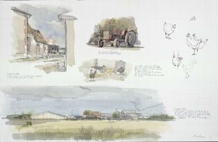lot d'aquarelles ; bâtiments de ferme, matériel agricole et poules (2000-8-1.11)