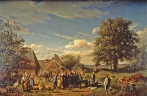 Louis Napoléon Bonaparte à la ferme du Coudray, Brinon (Cher) le 22 avril 1852, Raymond Esbrat, huile sur toile, Musée de Sologne à Romorantin-Lanthenay, dépôt du Musée des Beaux-Arts d’Orléans