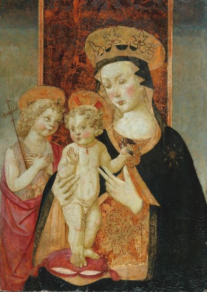 tableau, La vierge couronnée, l'enfant Jésus et St Jean Baptiste