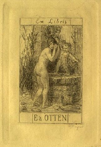 Ex-libris, Femme nue avec putto présentant un livre dans deux attitudes
