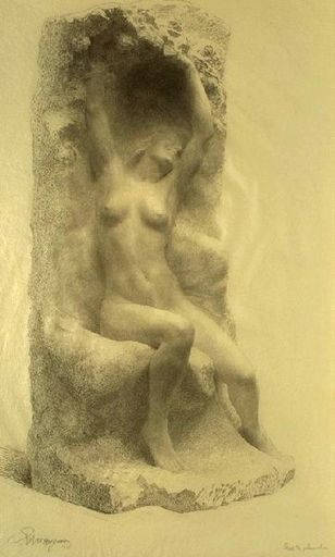 Jeune femme nue assise à l'abri d'un rocher