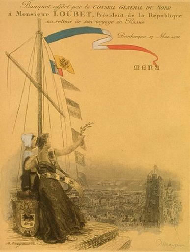 Deux femmes symbolisant la République, appuyées à un mas, avec un paysage urbain en arrière plan.
