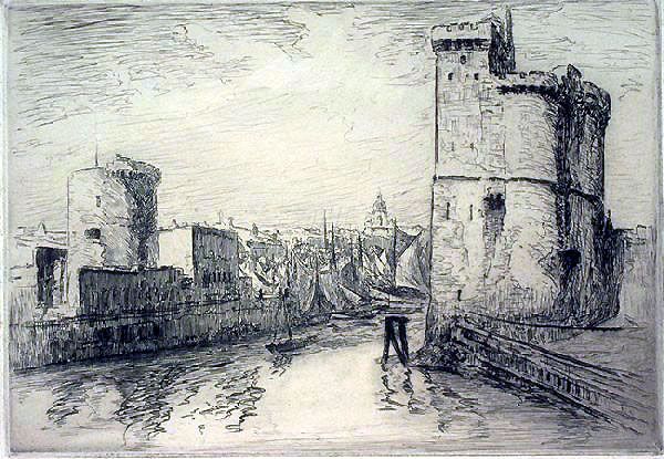 L'Entrée du port de La Rochelle ; Voiliers sur une rivière bordée de maisons et de tours crénelées