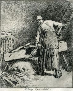 Estampe ; Femme qui broie du lin