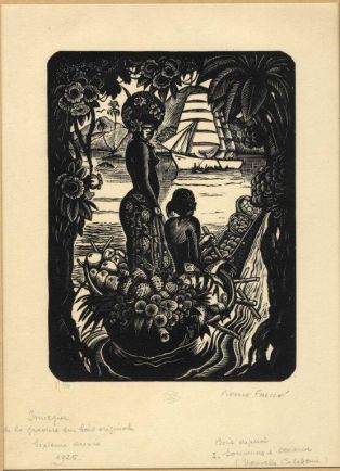 Imagier de la gravure sur bois originale , 6ème année, 1925 bois original; I. Souvenirs d'Océanie (Nouvelle-Calédonie)