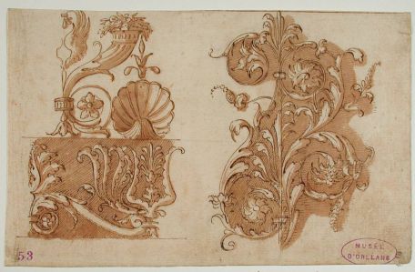 Trois ensembles de motifs décoratifs avec une coquille, une corne d'abondance, des rinceaux (1236.album 12.53)